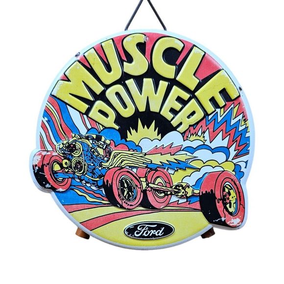 Muscle Power By Ford 7in Licensed Die Cut Embossed Tin Vintage Look Hanging Sign - Picture 1 of 3